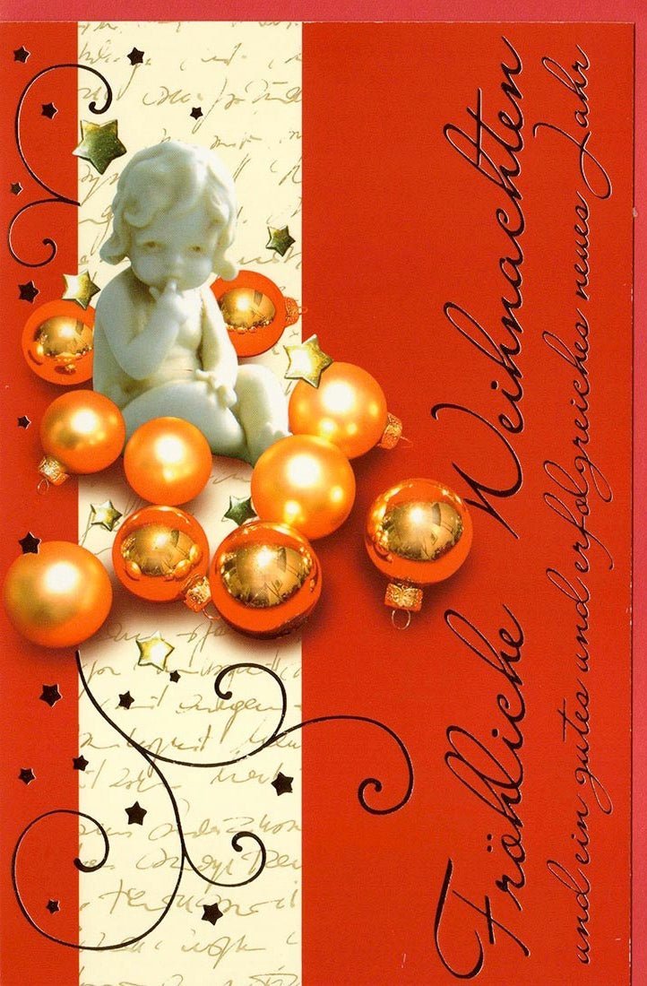 Weihnachtsgrußkarte Engel mit roten Weihnachtskugeln – Festliche Grüße für die besinnliche Jahreszeit
