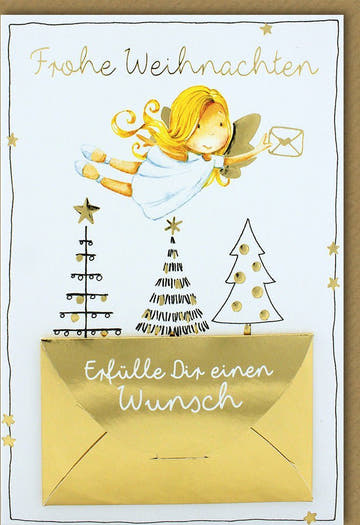 Weihnachtsgrußkarte Engel & Stern, Festlicher Baum mit Goldschrift, Hochwertige "Frohe Weihnachten" Karte