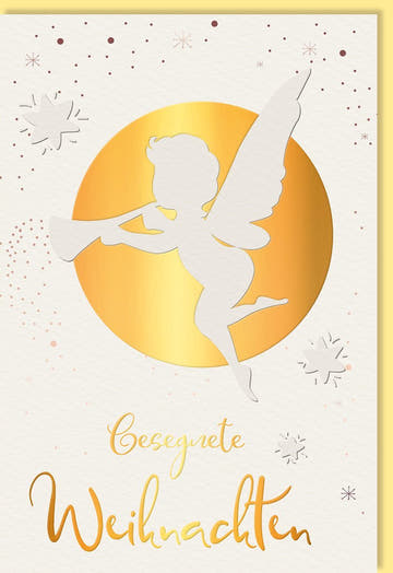 Weihnachtsgrußkarte Engel & Sterne – Festliche Eleganz auf Naturkarton mit Goldfolie, Schlichtes Design in Premium Qualität