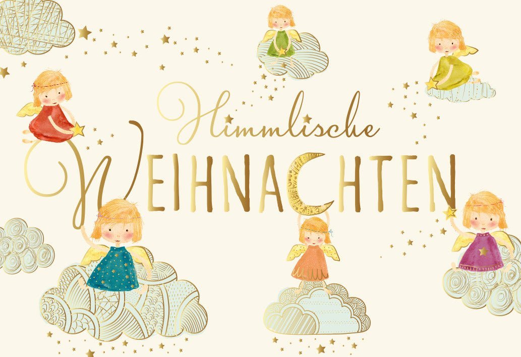 Weihnachtsgrußkarte - Engel & Wolken Motiv, Festliche Karte mit Goldsternen für Liebe und Frieden