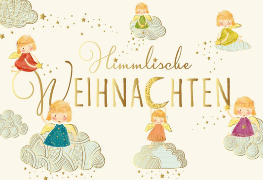 Weihnachtsgrußkarte - Engel & Wolken Motiv, Festliche Karte mit Goldsternen für Liebe und Frieden