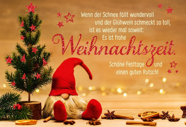 Weihnachtsgrußkarte - Festliche Grüße mit Schneelandschaft, Tannenbaum & Wichtel für besinnliche Feiertage
