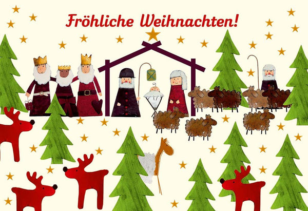 Weihnachtsgrußkarte - Festliche Grüße mit Weihnachtsmann, Rentieren & Tannenbäumen für Familie & Freunde