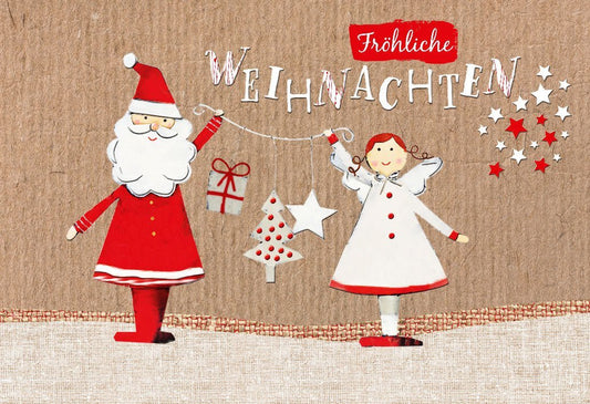 Weihnachtsgrußkarte - Festliche Illustration mit Weihnachtsmann, Engeln & Sternen für besinnliche Winterfeiertage