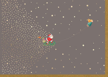 Weihnachtsgrußkarte – Festliche Santa - und Rentier - Motive, Glitzersterne in Braun & Gold für besinnliche Feiertage