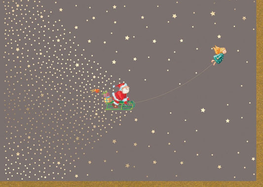 Weihnachtsgrußkarte – Festliche Santa - und Rentier - Motive, Glitzersterne in Braun & Gold für besinnliche Feiertage