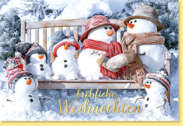 Weihnachtsgrußkarte: Festliche Schneemänner auf Holzbank mit Goldfolie - Winterliches Glanzmotiv für besinnliche Grüße