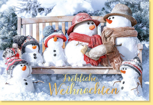 Weihnachtsgrußkarte: Festliche Schneemänner auf Holzbank mit Goldfolie - Winterliches Glanzmotiv für besinnliche Grüße