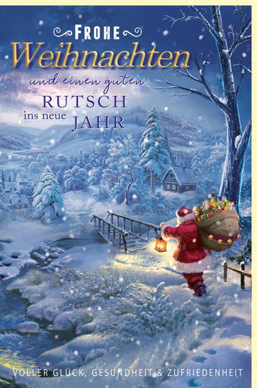 Weihnachtsgrußkarte: Festliche Szene mit Weihnachtsmann & Geschenkesack - Blau - Goldene Grüße für Familie & Freunde