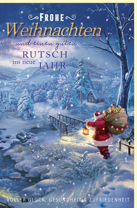 Weihnachtsgrußkarte: Festliche Szene mit Weihnachtsmann & Geschenkesack - Blau - Goldene Grüße für Familie & Freunde