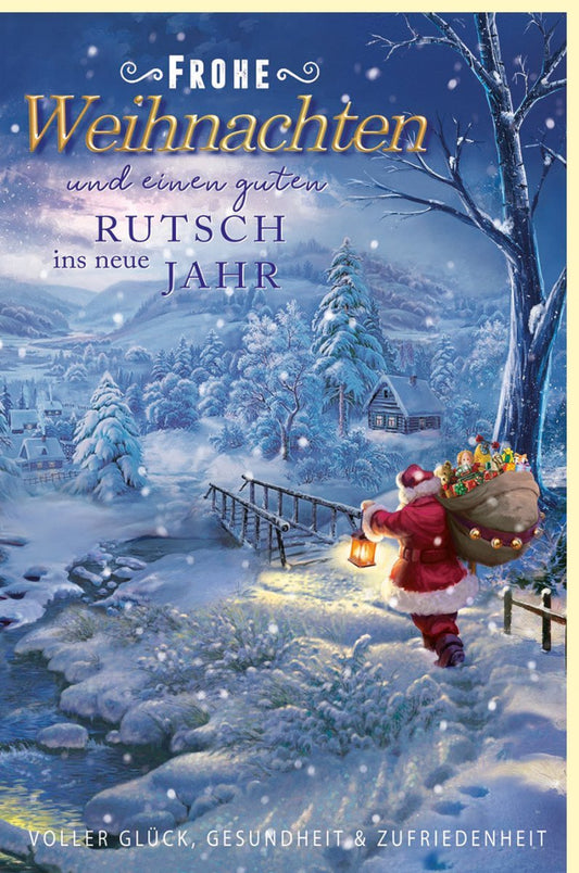 Weihnachtsgrußkarte: Festliche Szene mit Weihnachtsmann & Geschenkesack - Blau - Goldene Grüße für Familie & Freunde