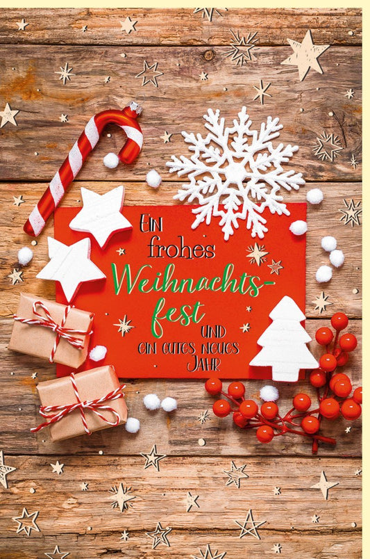 Weihnachtsgrußkarte - Festliche Tannenbaum - und Schneeflockenoptik auf rustikalem Holz mit besinnlichem Spruch