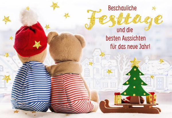 Weihnachtsgrußkarte – Festliche Winterlandschaft mit Teddybären, Schlitten & Glitzersternen für besinnliche Feiertage