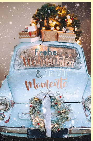 Weihnachtsgrußkarte: Festliches Auto mit Geschenken & Tannenbaum im Schnee - Elegante Blau - Gold Dekoration für zauberhafte Feiertage