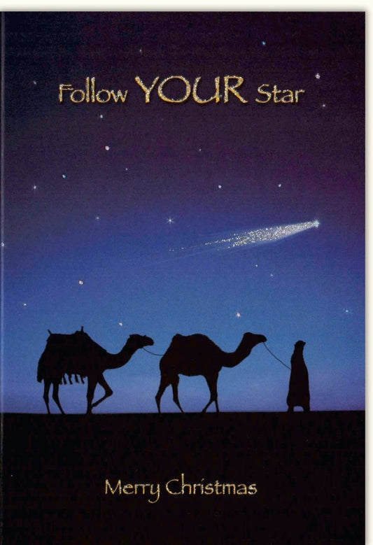 Weihnachtsgrußkarte 'Follow Your Star' mit Glitzer, Sternschnuppe & Kamele - Festlicher Nachthimmel, Botschaft 'Merry Christmas'