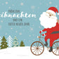 Weihnachtsgrußkarte "Frohe Festtage" – Weihnachtsmann radelt durch Schnee, Tannenbaum & traditionelle Grüße für Familie und Freunde