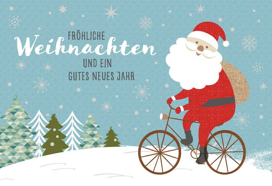 Weihnachtsgrußkarte "Frohe Festtage" – Weihnachtsmann radelt durch Schnee, Tannenbaum & traditionelle Grüße für Familie und Freunde