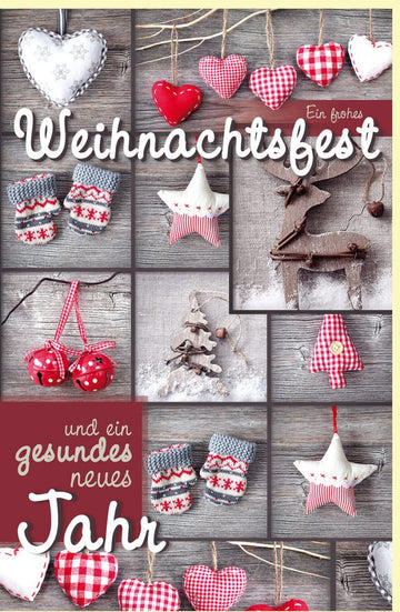 Weihnachtsgrußkarte "Frohes Fest & Gesundes Neues Jahr" – Herzliche Grüße mit Sternen auf rustikalem Holzhintergrund, Rot - Weiß