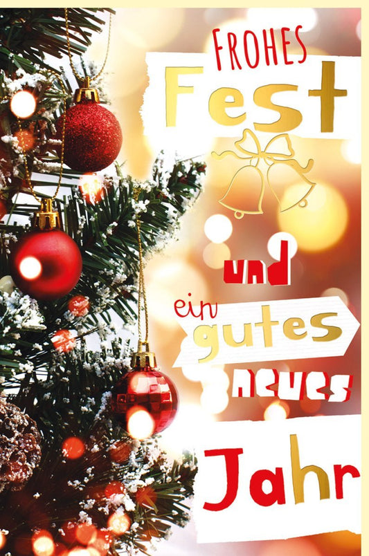 Weihnachtsgrußkarte "Frohes Fest" mit Goldakzenten - Elegante Karte mit Tannenbaum und Roten Kugeln in Warmen Farben für Familie & Freunde