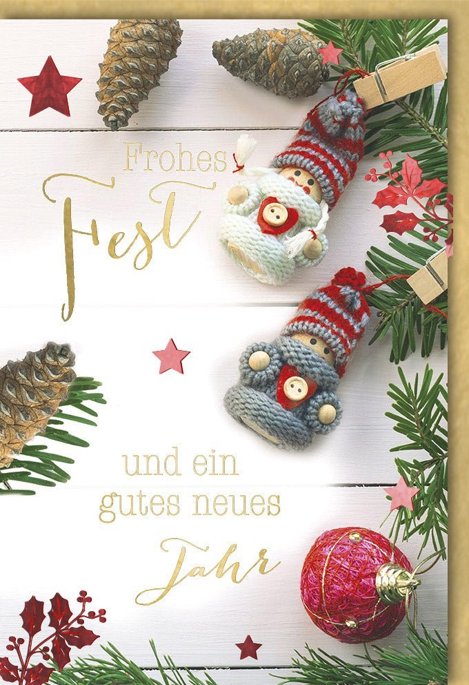 Weihnachtsgrußkarte "Frohes Fest" mit goldener Schrift und Tannenzweigen - Zapfen Design