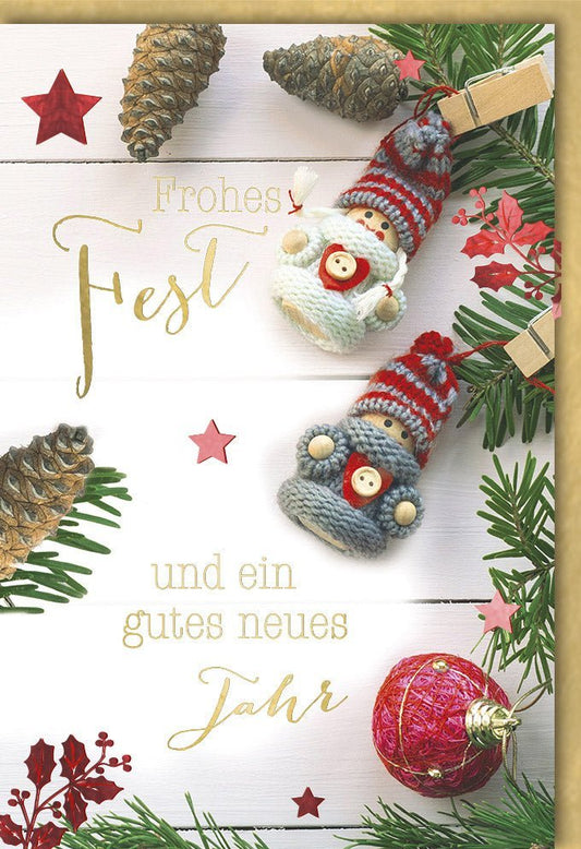 Weihnachtsgrußkarte "Frohes Fest" mit goldener Schrift und Tannenzweigen - Zapfen Design