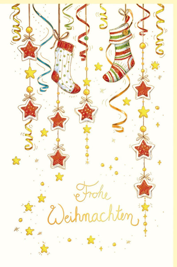 Weihnachtsgrußkarte für Familie & Freunde - Festliche Motive auf Naturkarton mit Goldfolie, Traditionelles Design in Rot-Gold Tönen