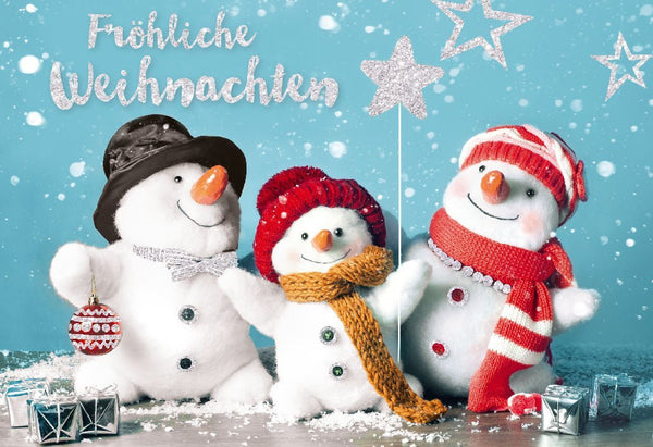 Weihnachtsgrußkarte: Glitzernde Schneemänner – Festliche Grüße mit Sternen und Geschenken für Familie & Freunde