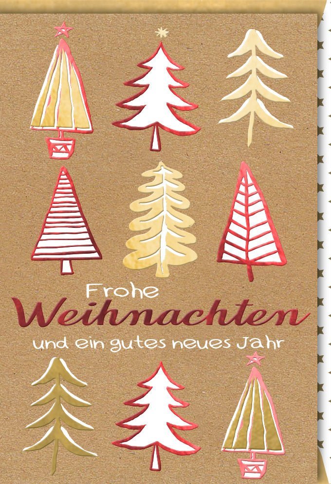 Weihnachtsgrußkarte - Glitzernder Tannenbaum in Gold, Rot & Weiß auf Qualitätspapier mit herzlichen Wünschen