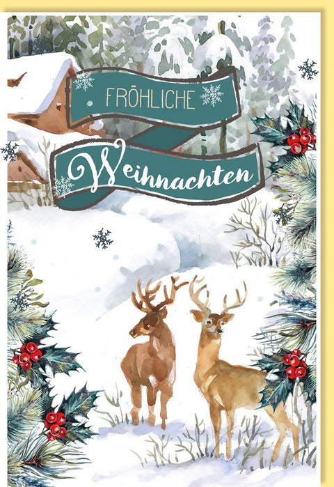 Weihnachtsgrußkarte: Hirschmotive im Schnee, Winterlandschaft & Beeren - Festliche Grüße