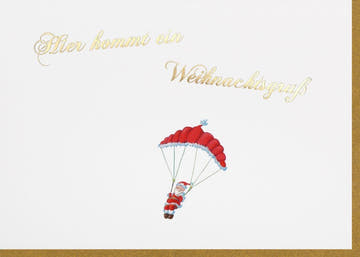 Weihnachtsgrußkarte: Humorvoller Santa mit Fallschirm - Originelle Festtagsgrüße für eine fröhliche Adventszeit