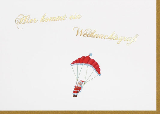Weihnachtsgrußkarte: Humorvoller Santa mit Fallschirm - Originelle Festtagsgrüße für eine fröhliche Adventszeit
