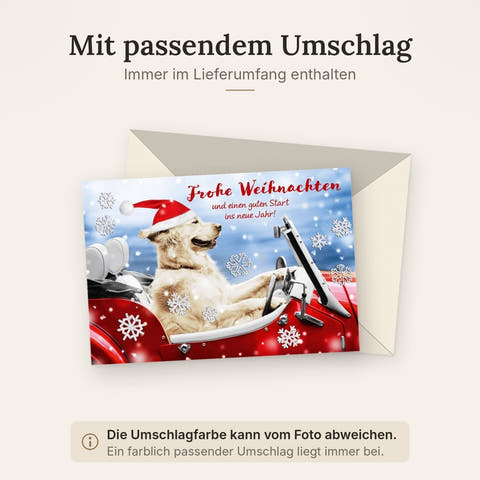Weihnachtsgrußkarte: Hund im Schlitten, Lustige Grüße & Neujahrswünsche, Tierische Winterfreude