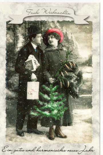 Weihnachtsgrußkarte im Retro - Stil mit Vintage - Paar und Weihnachtsbaum - Motiv