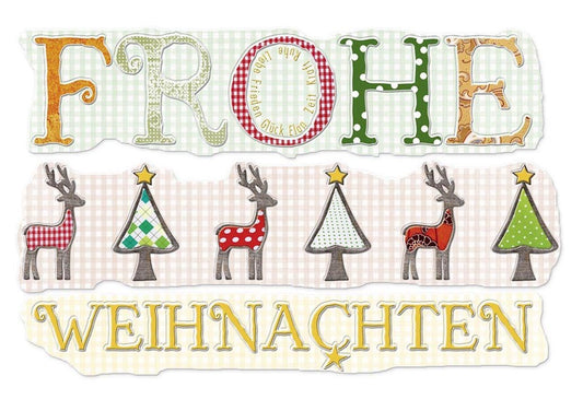 Weihnachtsgrußkarte im Vintage - Stil - "Frohe Weihnachten" mit Rentieren, Tannenbäumen & Sternen - Bunte Festliche Karte für Familie und Freunde