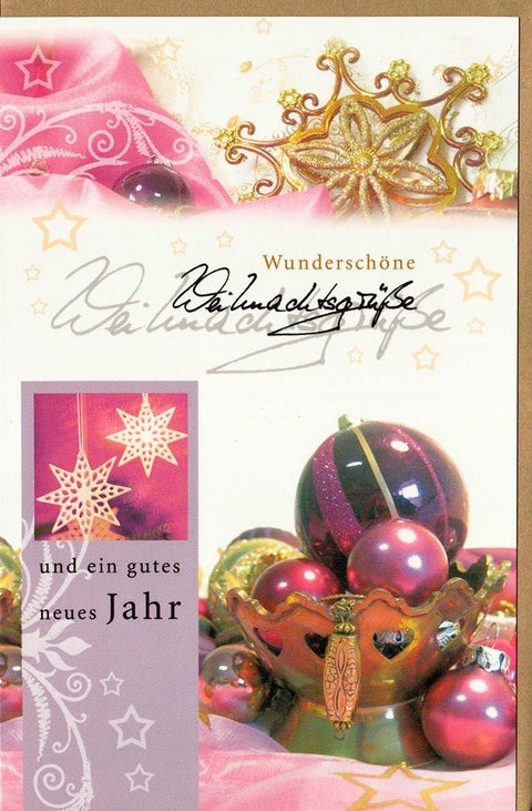 Weihnachtsgrußkarte in Gold und Pink mit festlichen Kugeln