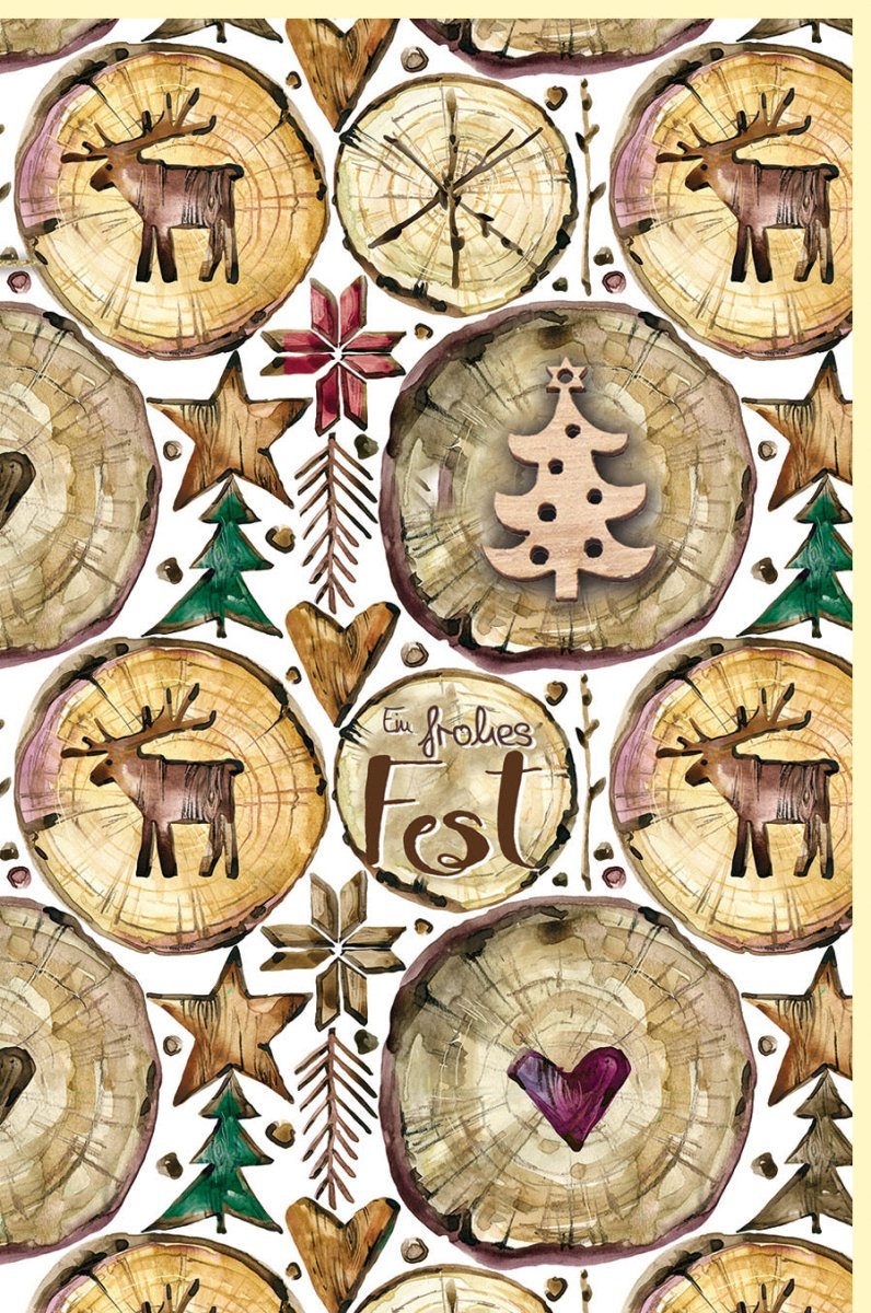 Weihnachtsgrußkarte in Holzoptik: Tannenbaum & Rentier - Natürliches Design für besinnliche Wintertage