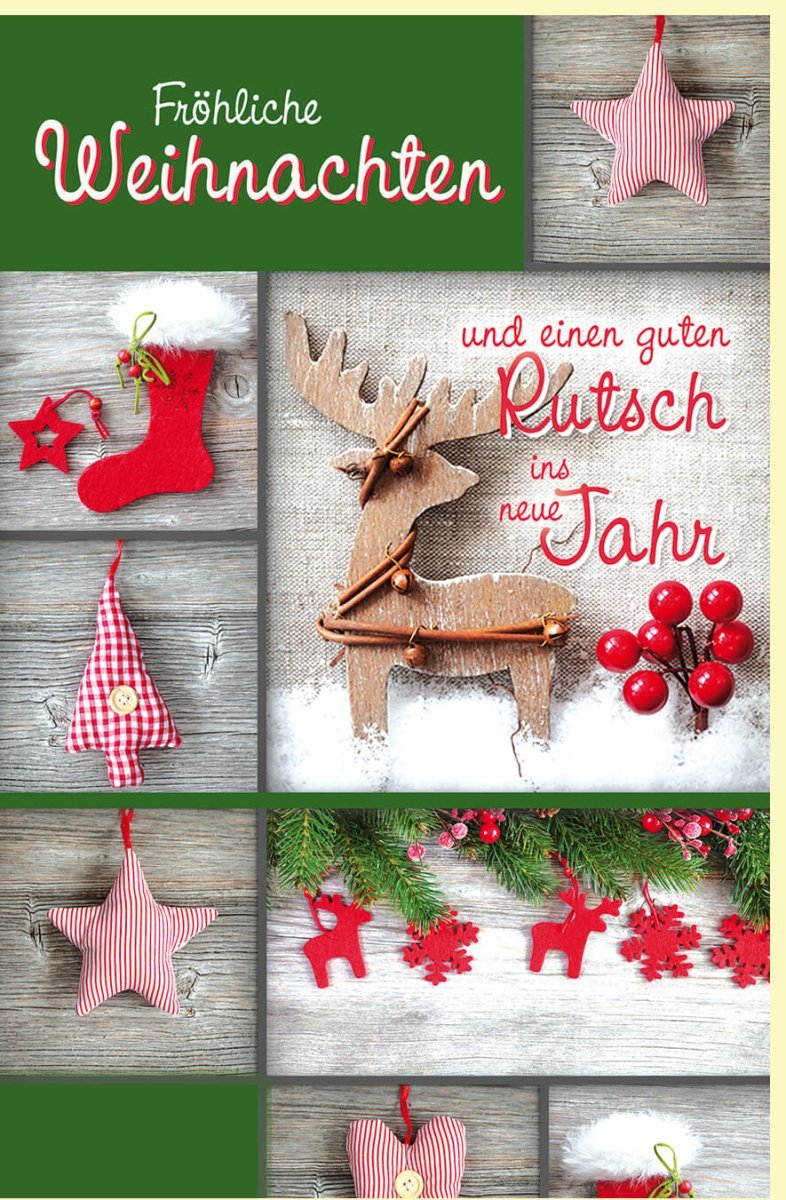 Weihnachtsgrußkarte in klassischem Grün mit Foto - Einschub, Rentier und Sternen auf Holzoptik - Hintergrund