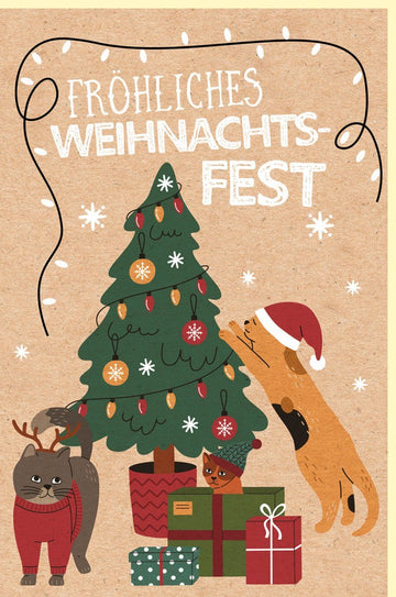 Weihnachtsgrußkarte – Katzen & Geschenke am Baum, Festliche Illustration in Braun, Grün & Rot für Tierliebhaber und Freunde