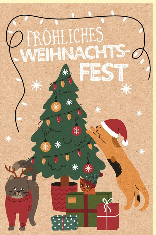 Weihnachtsgrußkarte – Katzen & Geschenke am Baum, Festliche Illustration in Braun, Grün & Rot für Tierliebhaber und Freunde