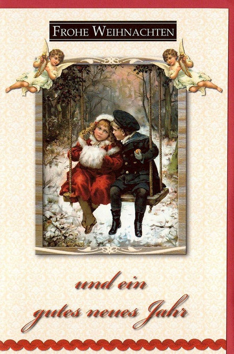 Weihnachtsgrußkarte Kinder auf Schaukel im Retro - Design