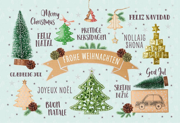 Weihnachtsgrußkarte Mehrsprachig - Internationale Feiertagsgrüße mit Tannenbaum, Schnee, Glitzerauto & Geschenken