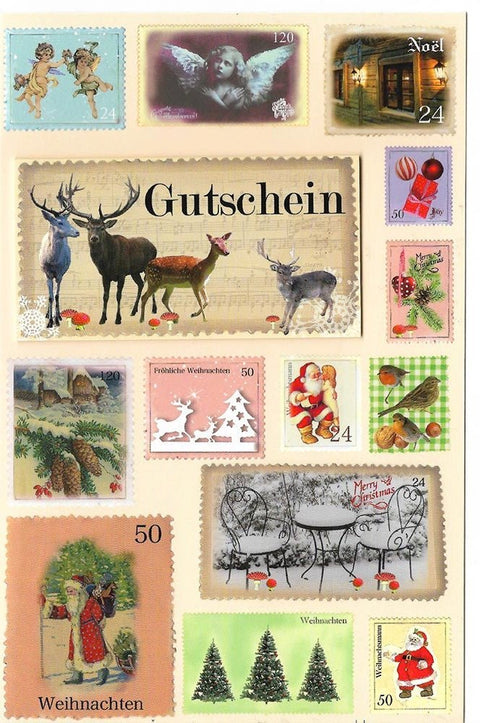 Weihnachtsgrusskarte mit Briefmarkenmotiv als Gutschein für festliche Grüße
