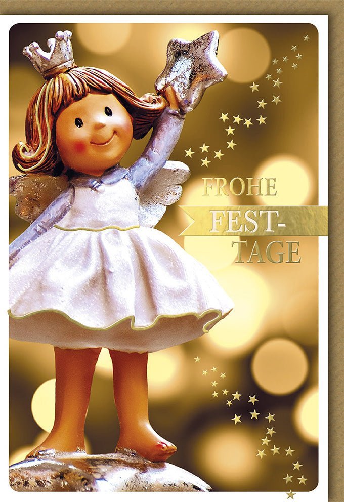 Weihnachtsgrußkarte mit Engel & Sternen – Glitzernde Festtagsgrüße auf goldenem Hintergrund
