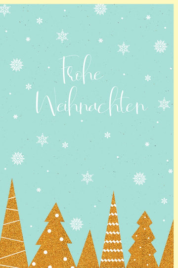 Weihnachtsgrußkarte mit Festlichen Schneeflocken, Tannenbäumen & Goldakzenten - Elegantes Design für Stilvolle Feiertagsgrüße