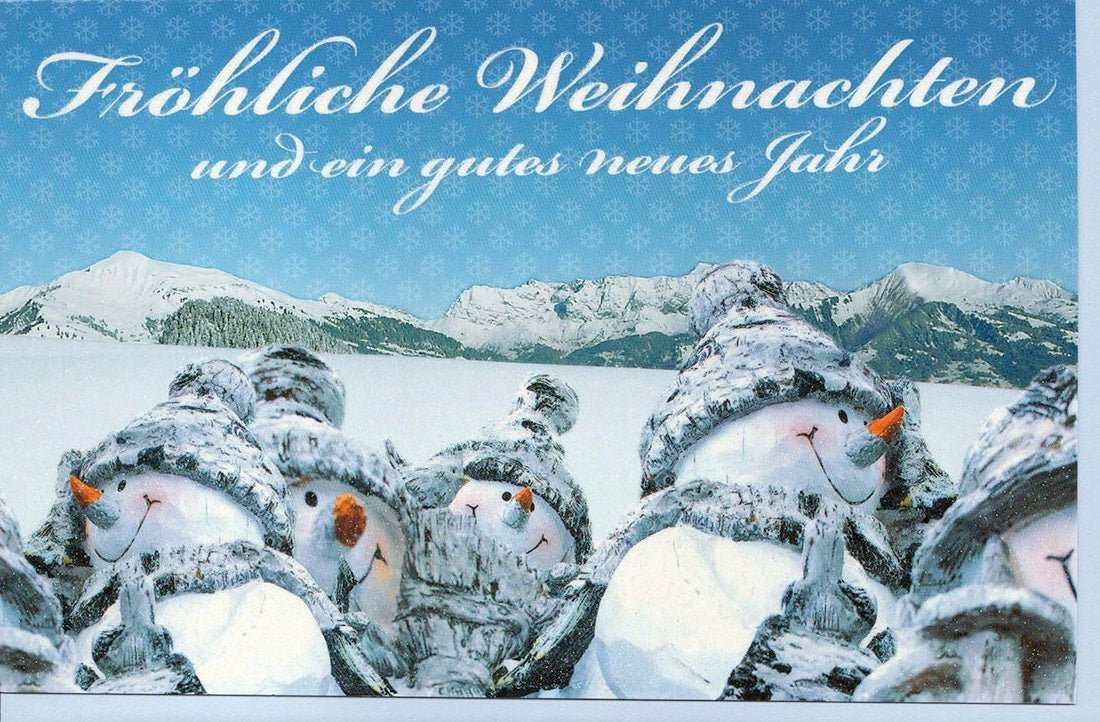 Weihnachtsgrußkarte mit fröhlichen Schneemännern im Querformat – perfekt für festliche Grüße