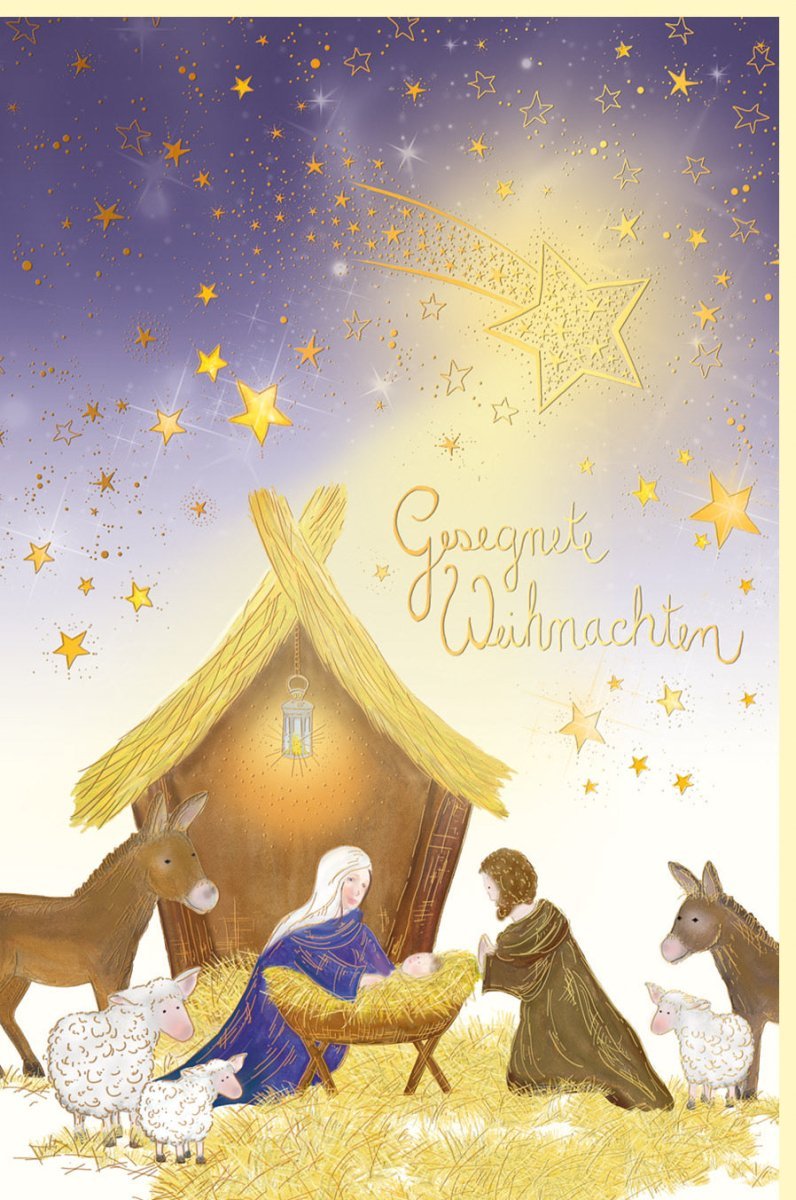 Weihnachtsgrußkarte mit Goldfolie – Maria und Joseph unter Sternenhimmel – Festliche Grüße in Gelb und Gold