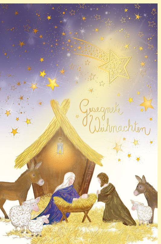 Weihnachtsgrußkarte mit Goldfolie – Maria und Joseph unter Sternenhimmel – Festliche Grüße in Gelb und Gold