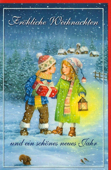 Weihnachtsgrußkarte mit Kindern, Laterne im Schnee - Nostalgische Winterstimmung