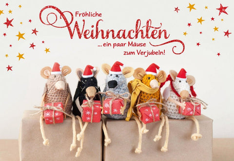 Weihnachtsgrußkarte mit Maus - Motiv: Humorvolle Festtagskarte mit Sternenglanz für fröhliche Feiertagswünsche – "Frohe Weihnachten & Verjübeln"