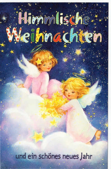 Weihnachtsgrußkarte mit niedlichem Engel auf Wolke – festliche Grüße senden